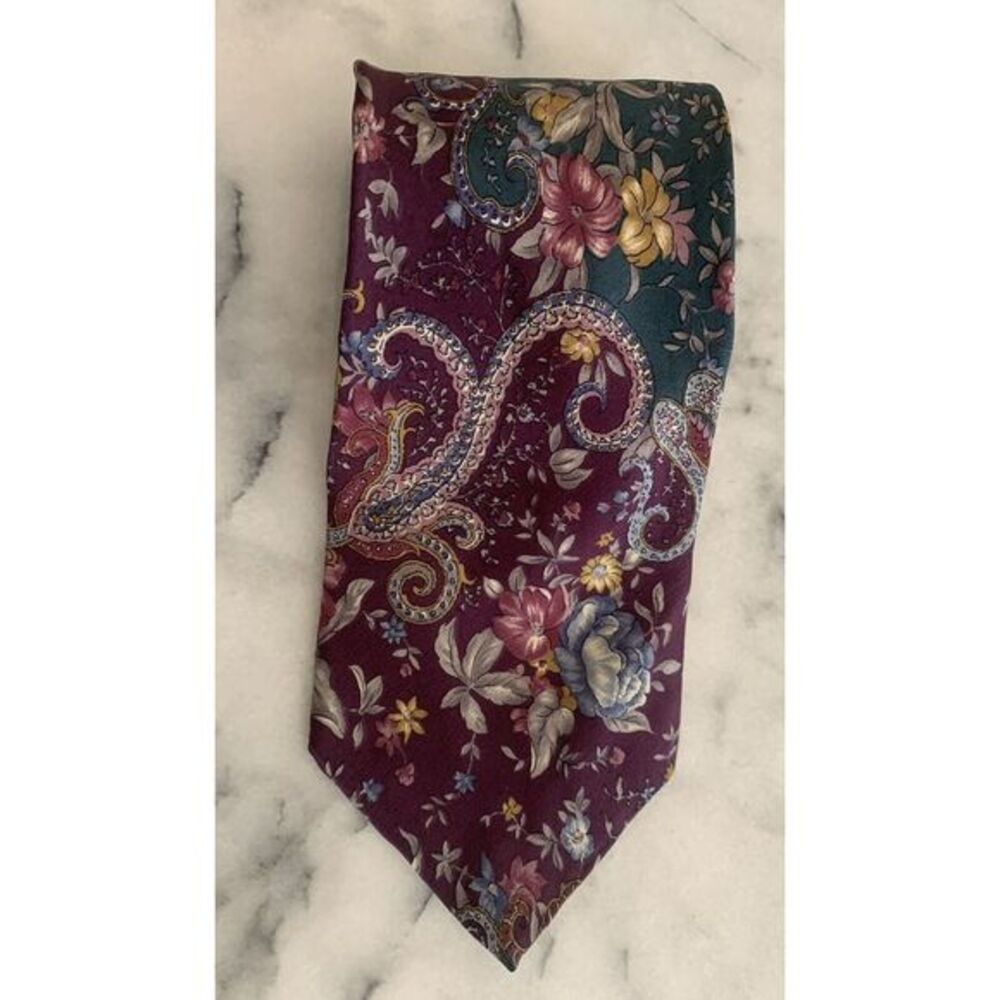 Bill Blass 100% Silk Retro Vintage Floral Paisley Green Maroon Burgundy Tie